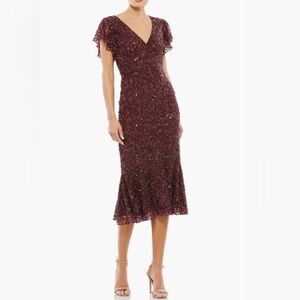 Mac Duggal Burgundy Sequin V Neck Flutter Cap Sleeve Trumpet Dress